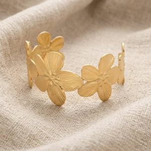 Bracelet Manchette Fleurs en Acier Inoxydable Or, Jonc Floral Large 36x160mm, Bijou